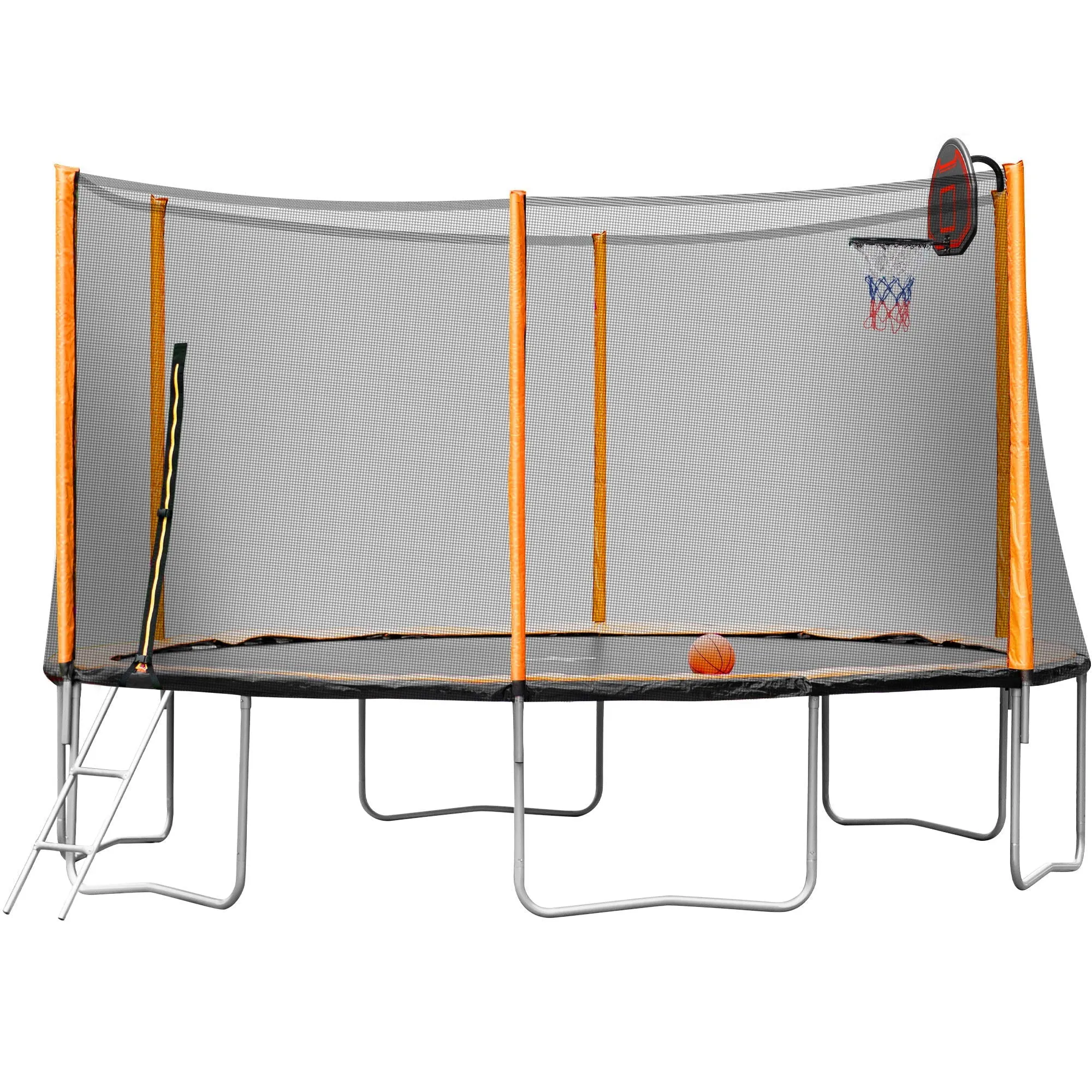 14Ft Powder-Coated Advanced Trampoline With Basketball Hoop Inflator And Ladder (Outer Safety Enclosure) - Orange by Couch.com