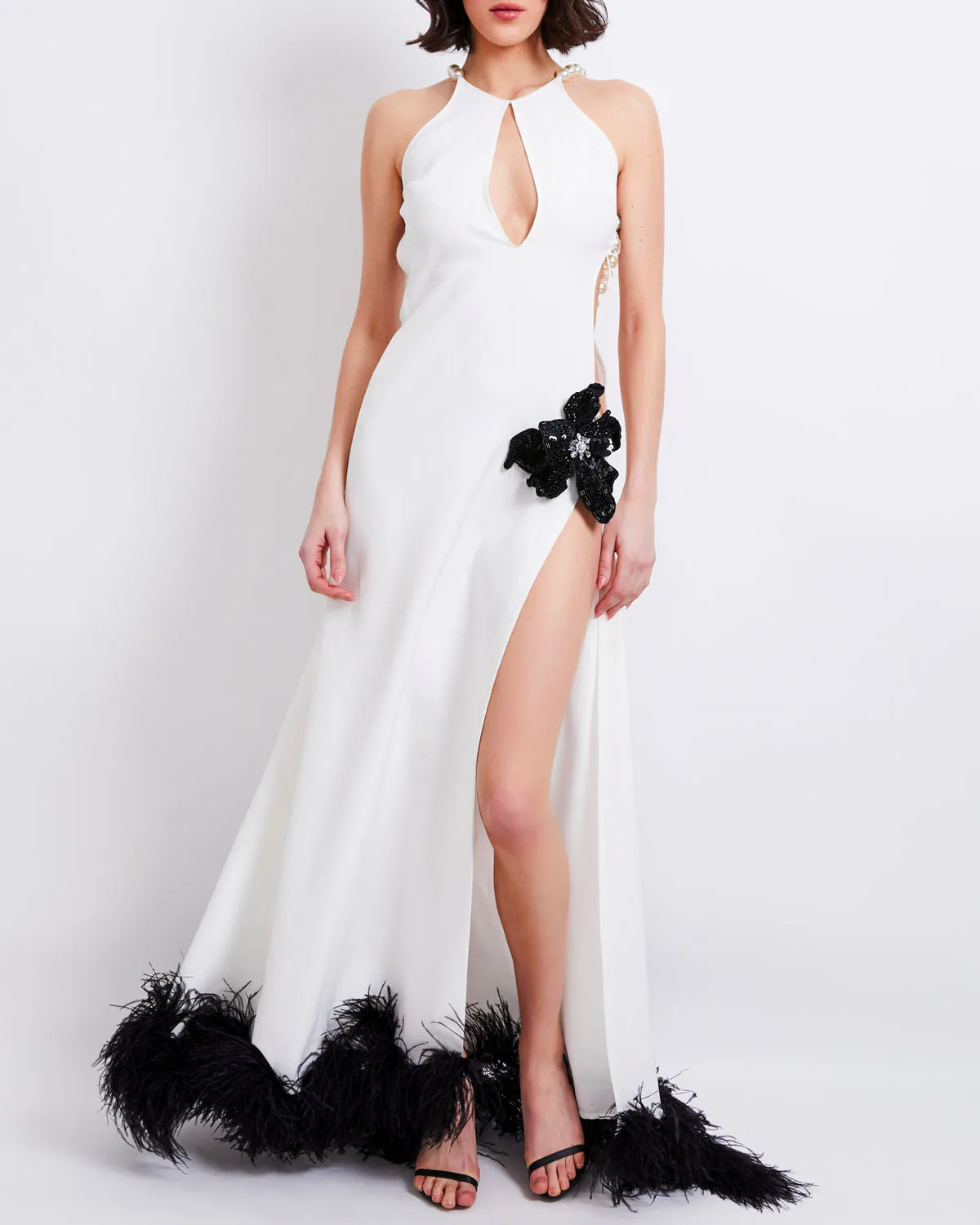HALTERNECK FEATHER TRIM GOWN