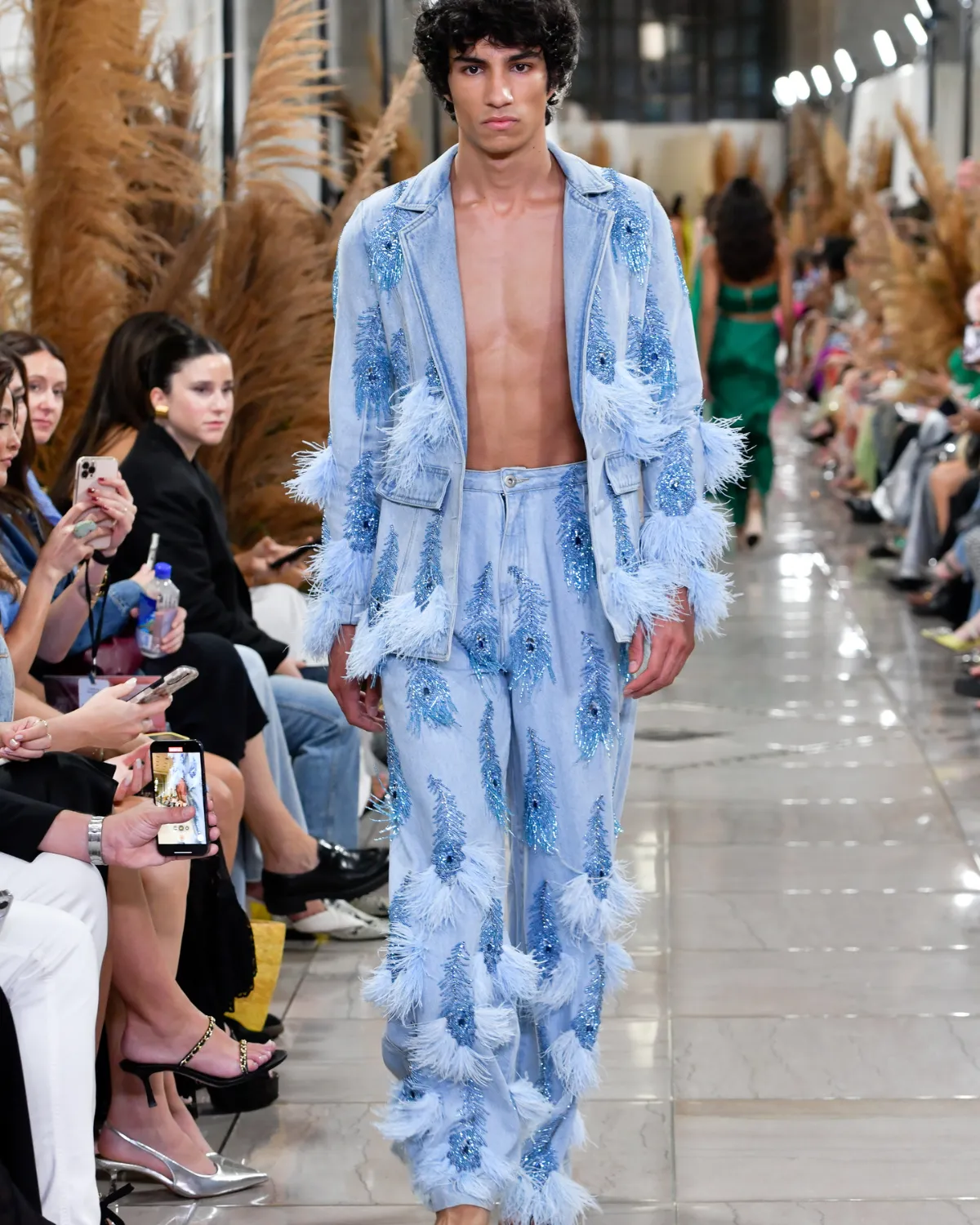 Hand-Beaded Denim and Feather Jeans