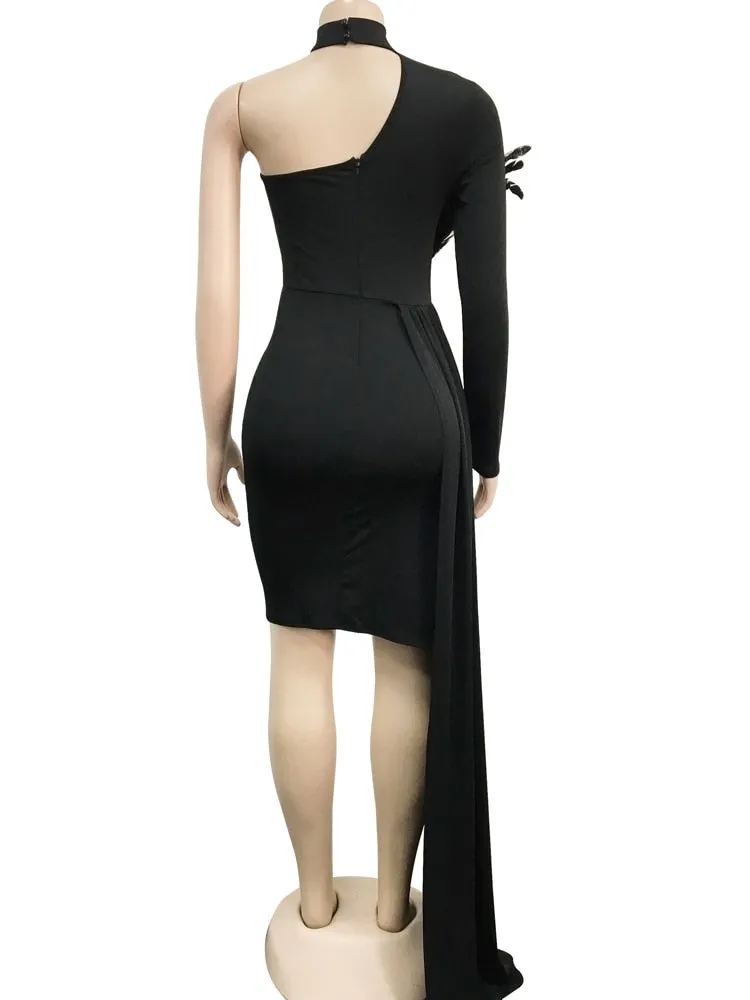 Sexy Solid Feather Details Skinny Mini Dress Spring Women Halter One Shoulder Irregular Bodycon Dress