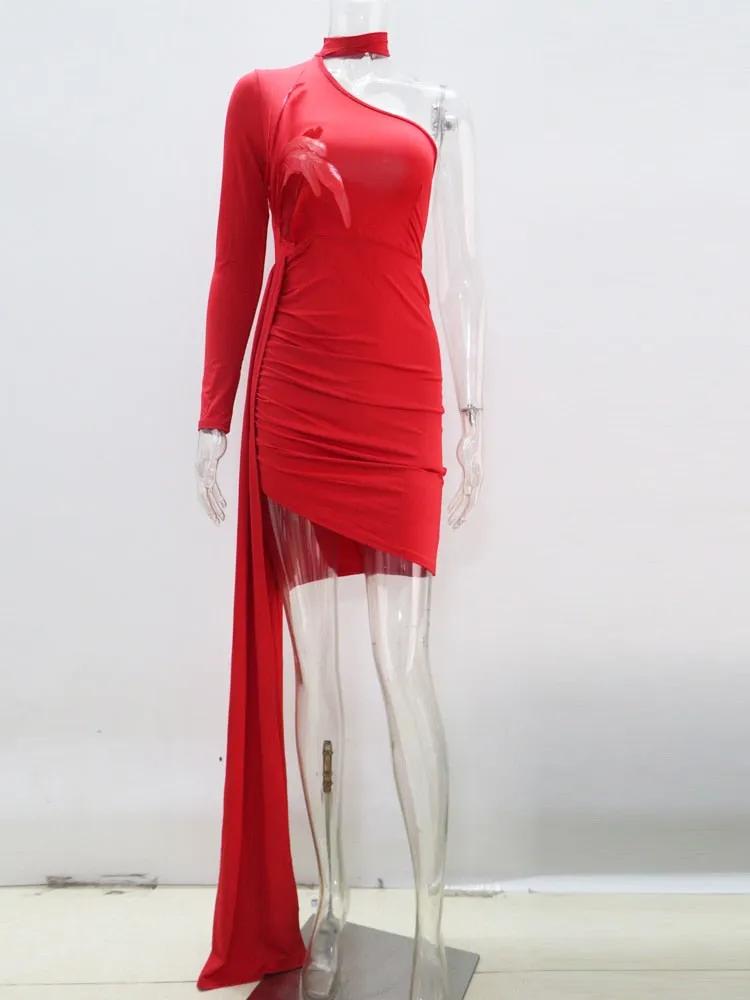 Sexy Solid Feather Details Skinny Mini Dress Spring Women Halter One Shoulder Irregular Bodycon Dress